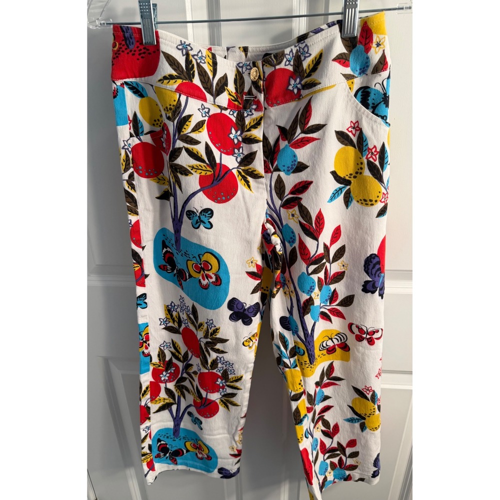 St John Sport Marie Gray White Fruit Butterfly Print Cropped Pants Size 8